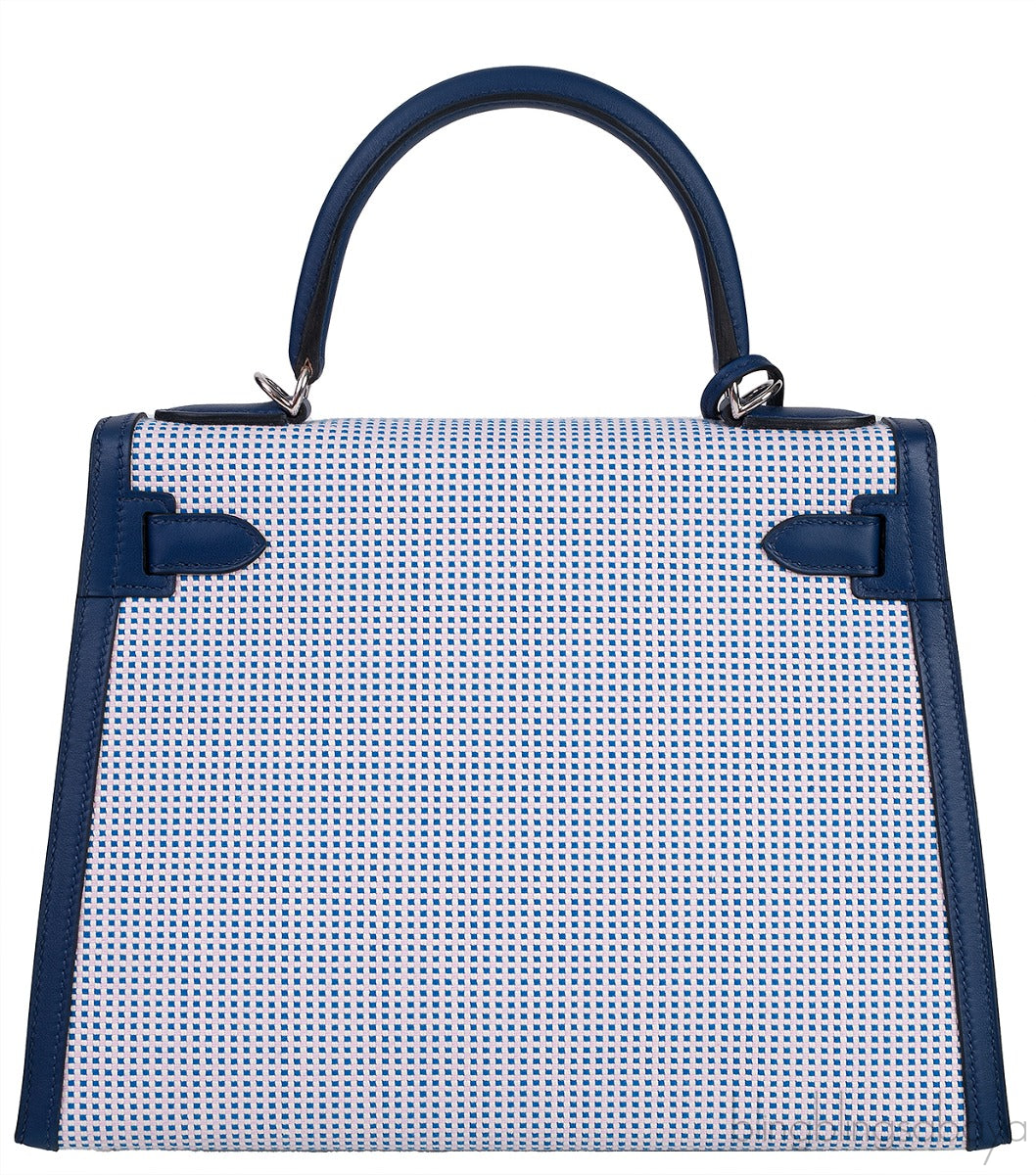 Kelly 28 Sellier Toile Quadrille Veau Swift Ecru-Mauve-Blue