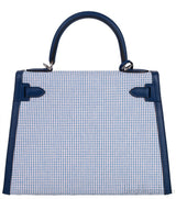 Kelly 28 Sellier Toile Quadrille Veau Swift Ecru-Mauve-Blue