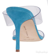 Manolo Blahnik Teal Blue Suede & Clear Eco PVC Scolto Open Toe Mules