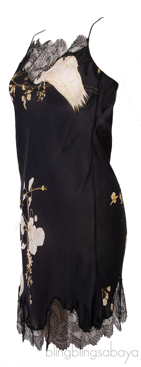 Black Floral Print Lace Trim Cami Dress