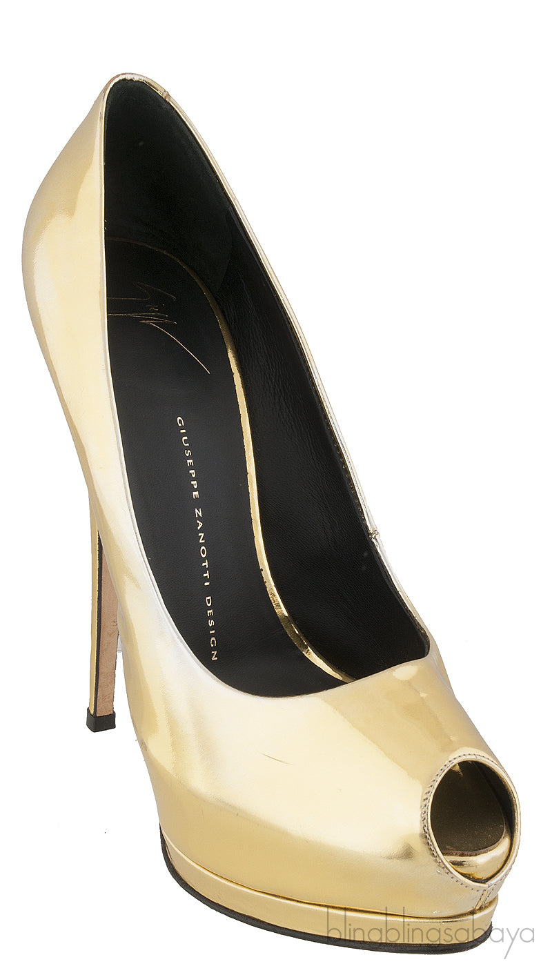 Gold Patent Peep Toe Pump