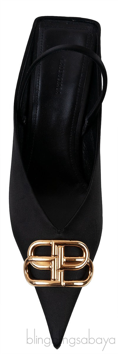 Balenciaga Black Satin BB Pointed Toe Slingback
