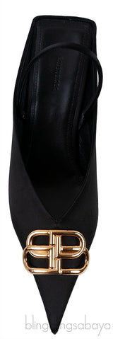 Balenciaga Black Satin BB Pointed Toe Slingback