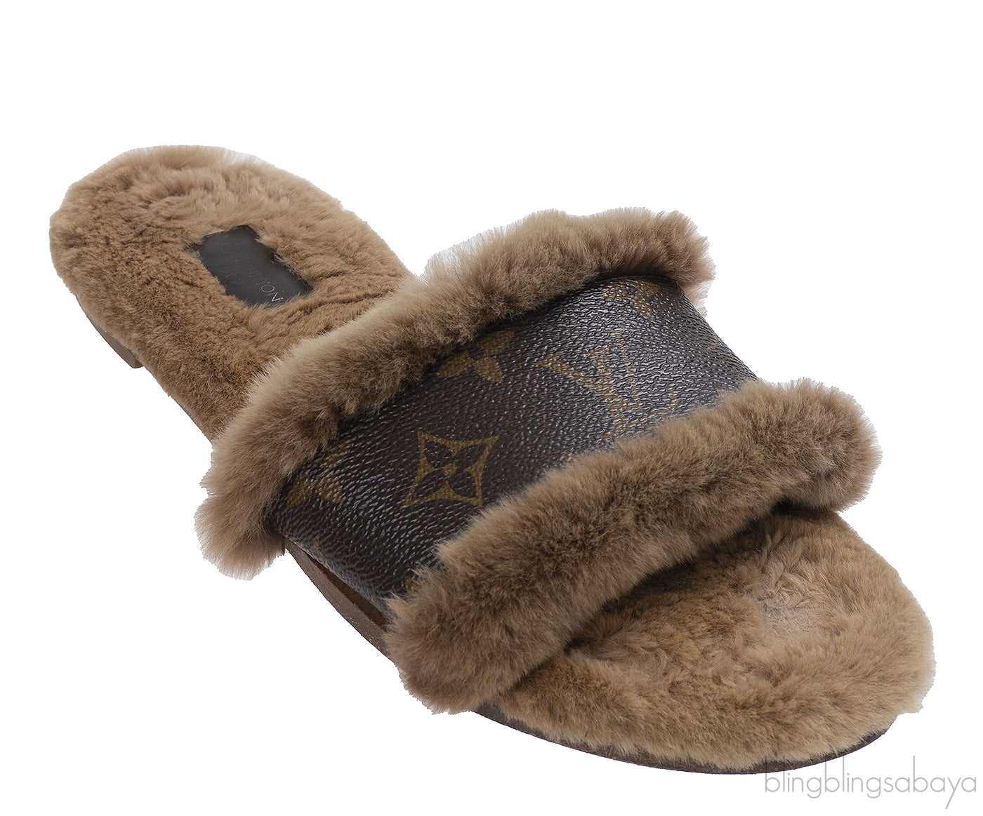 Louis Vuitton Cognac Monogram Mink Fur Slides