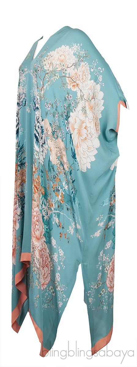 Blue Floral Print Silk Kaftan Dress