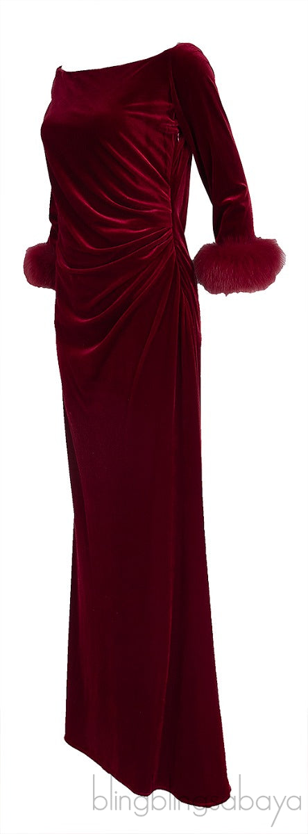 Red Velvet Fur Trim Cuff Dress