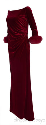 Red Velvet Fur Trim Cuff Dress