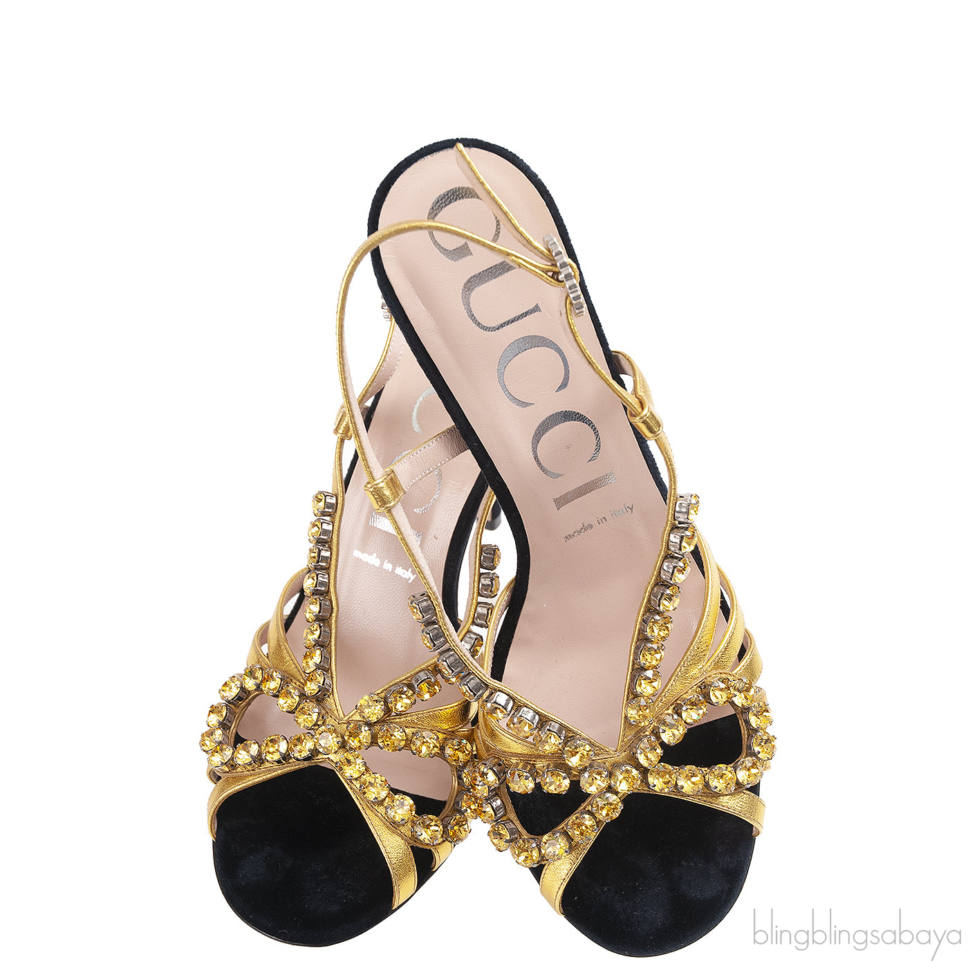 Black/Gold Velvet Nappa Crystal Zephyra Slingback Heels