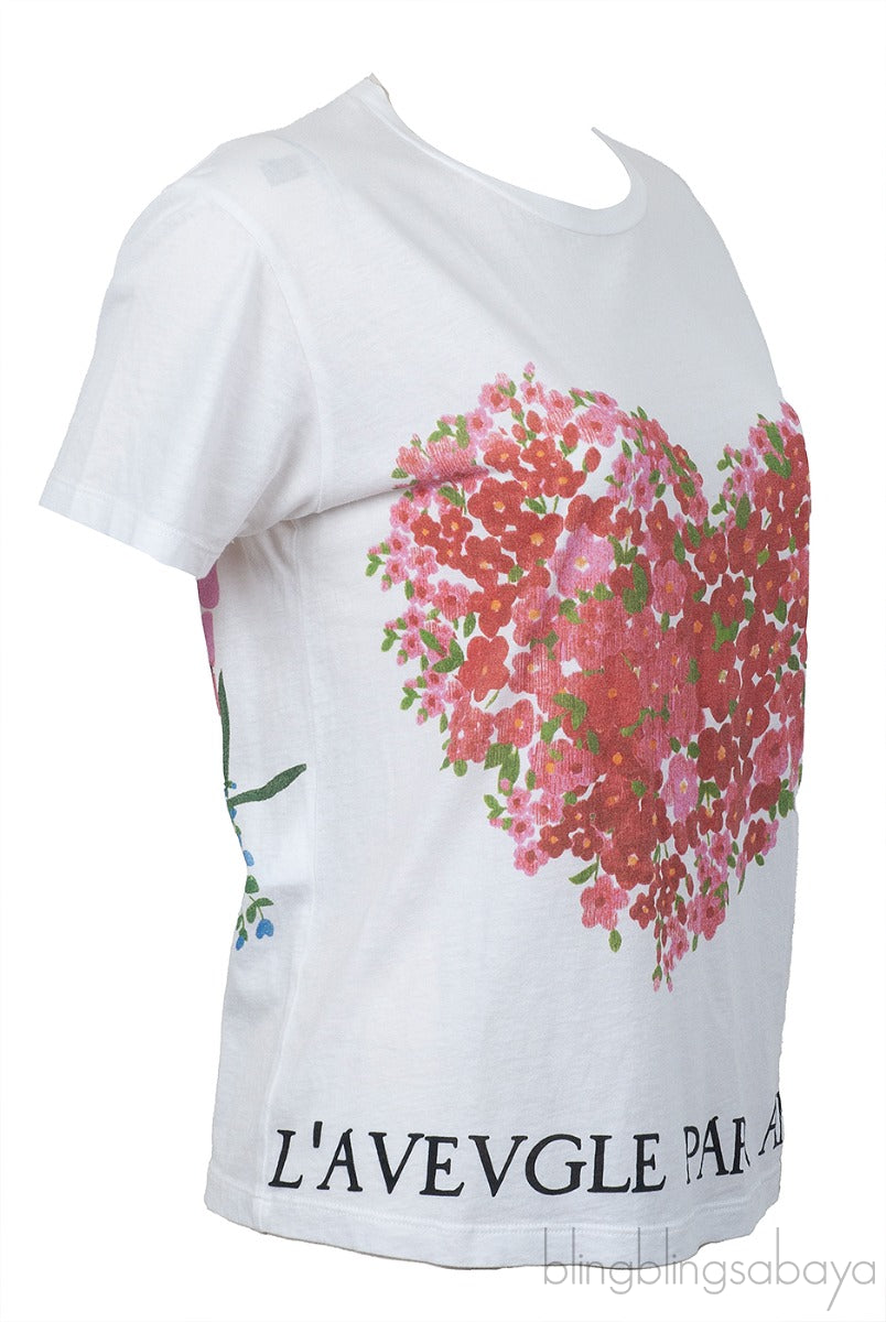 Flower Heart & Bird Print White T-shirt