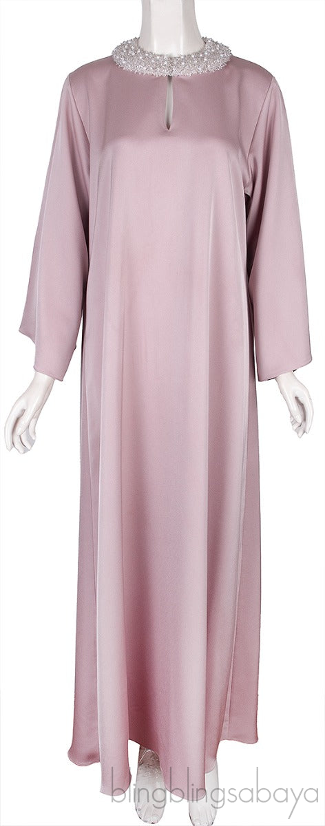 Old Rose Bead Embellished Long Sleeve Dress