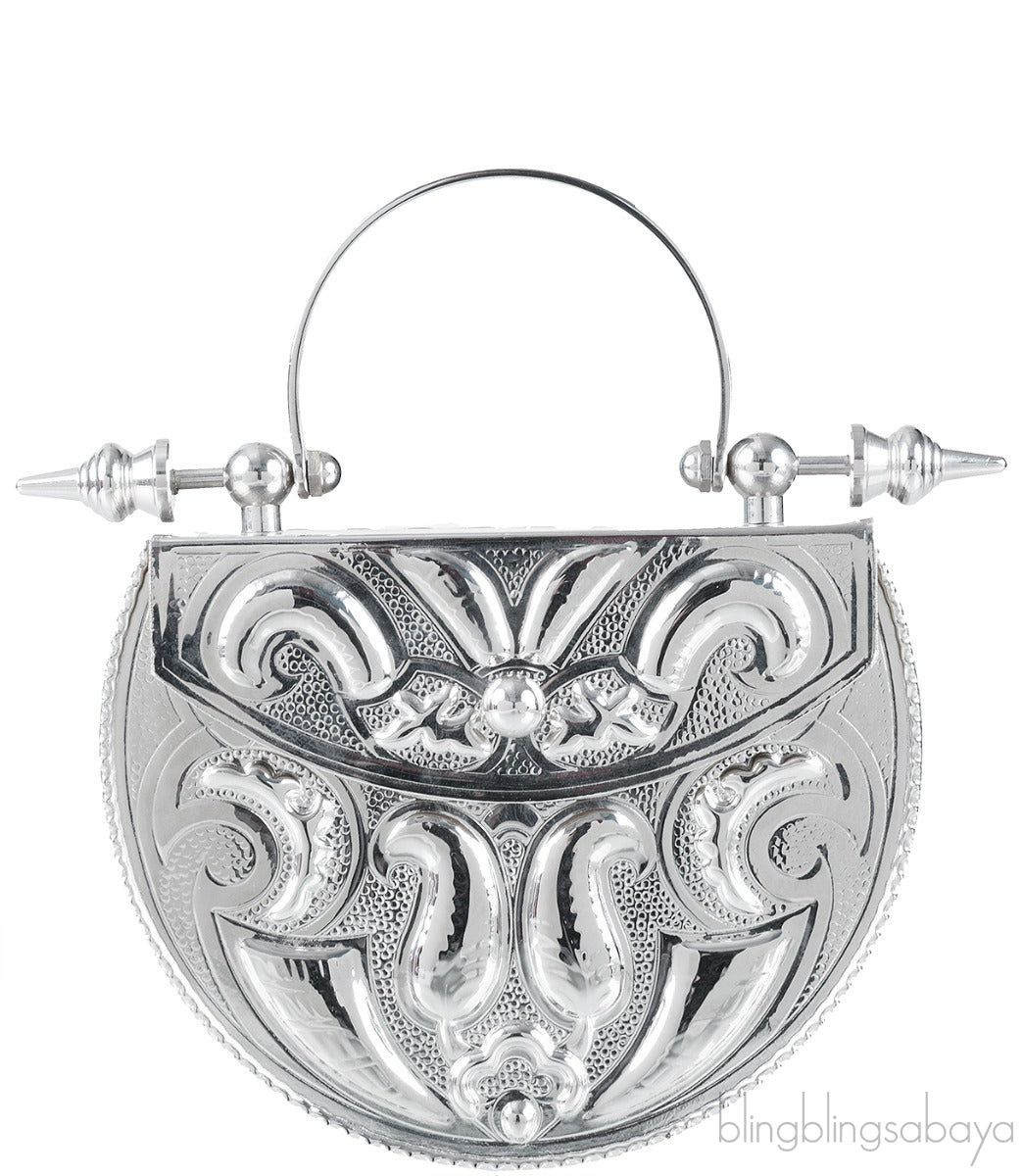 Silver Palmette Oval Minaudiere Clutch