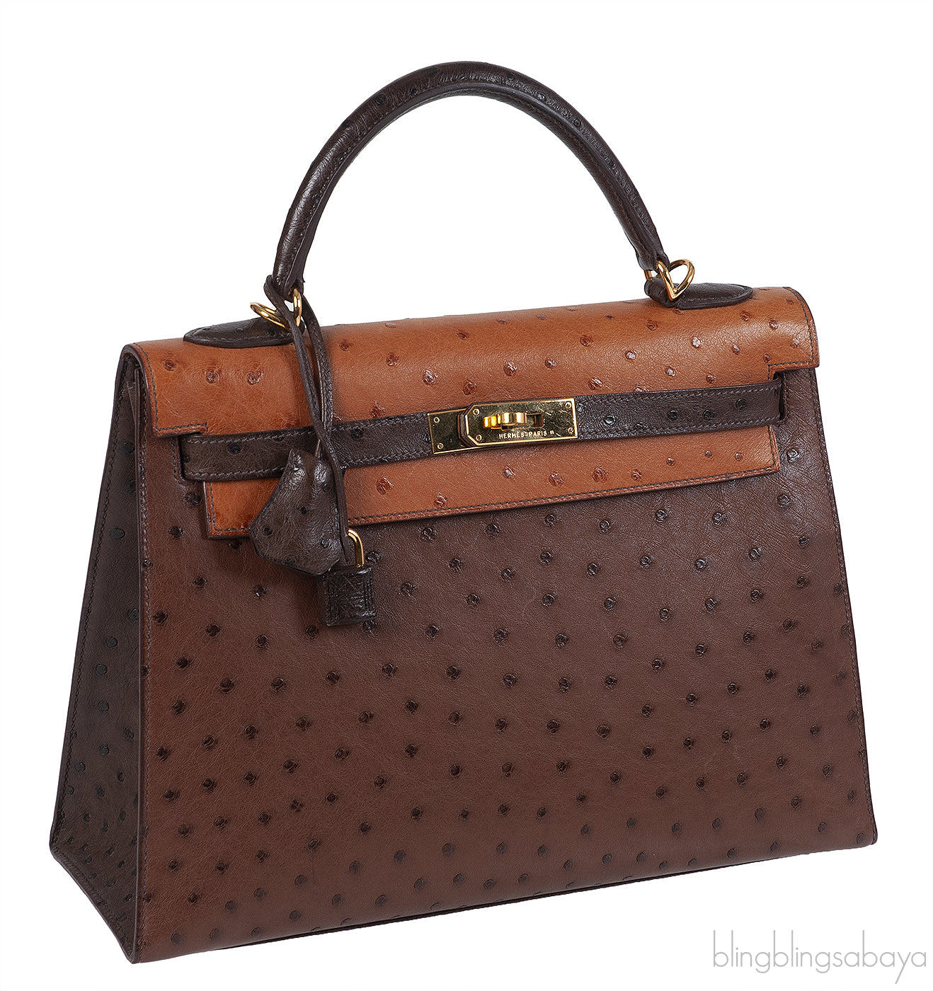 Hermes Kelly 32 Chocolate Natural and Dark Brown Ostrich GHW