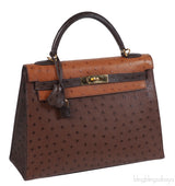 Hermes Kelly 32 Chocolate Natural and Dark Brown Ostrich GHW
