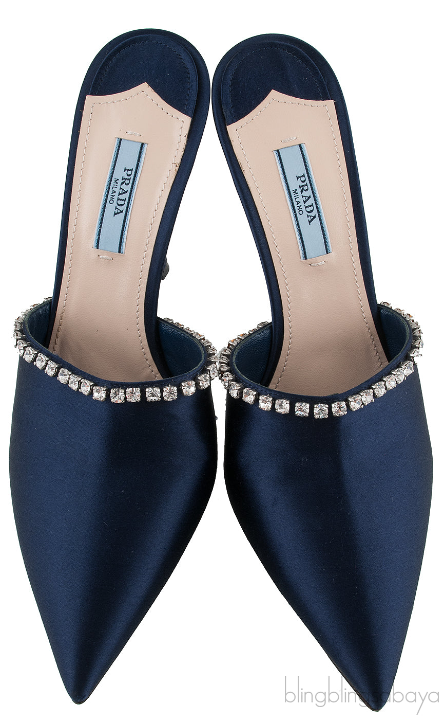 Navy Blue Crystal Trim Slide Sandals
