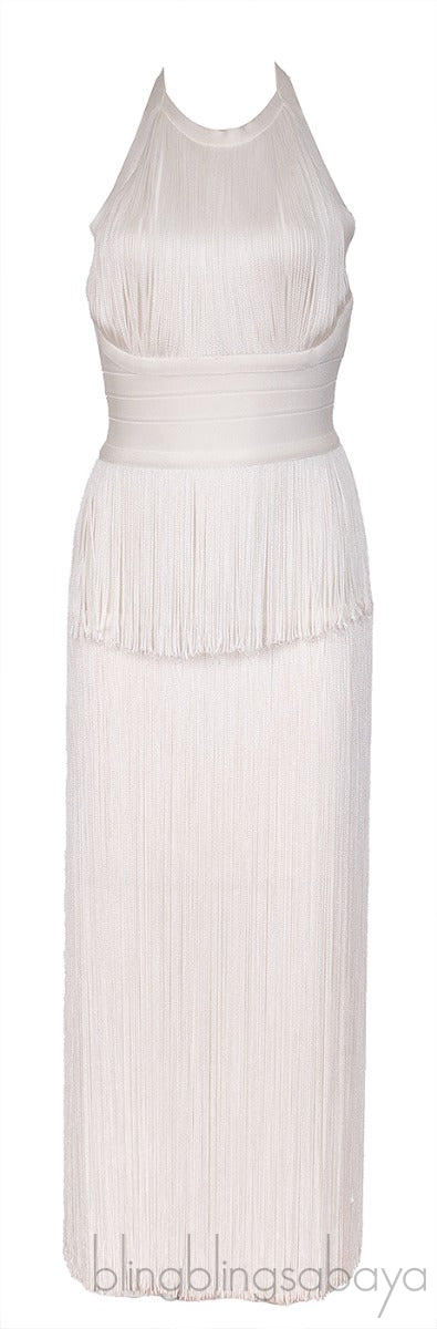 White Halter Neck Fringed Dress