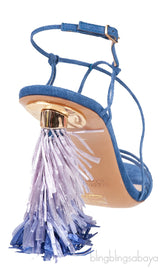 Jacquemus Blue Raffia Pompom Heel Suede Sandals