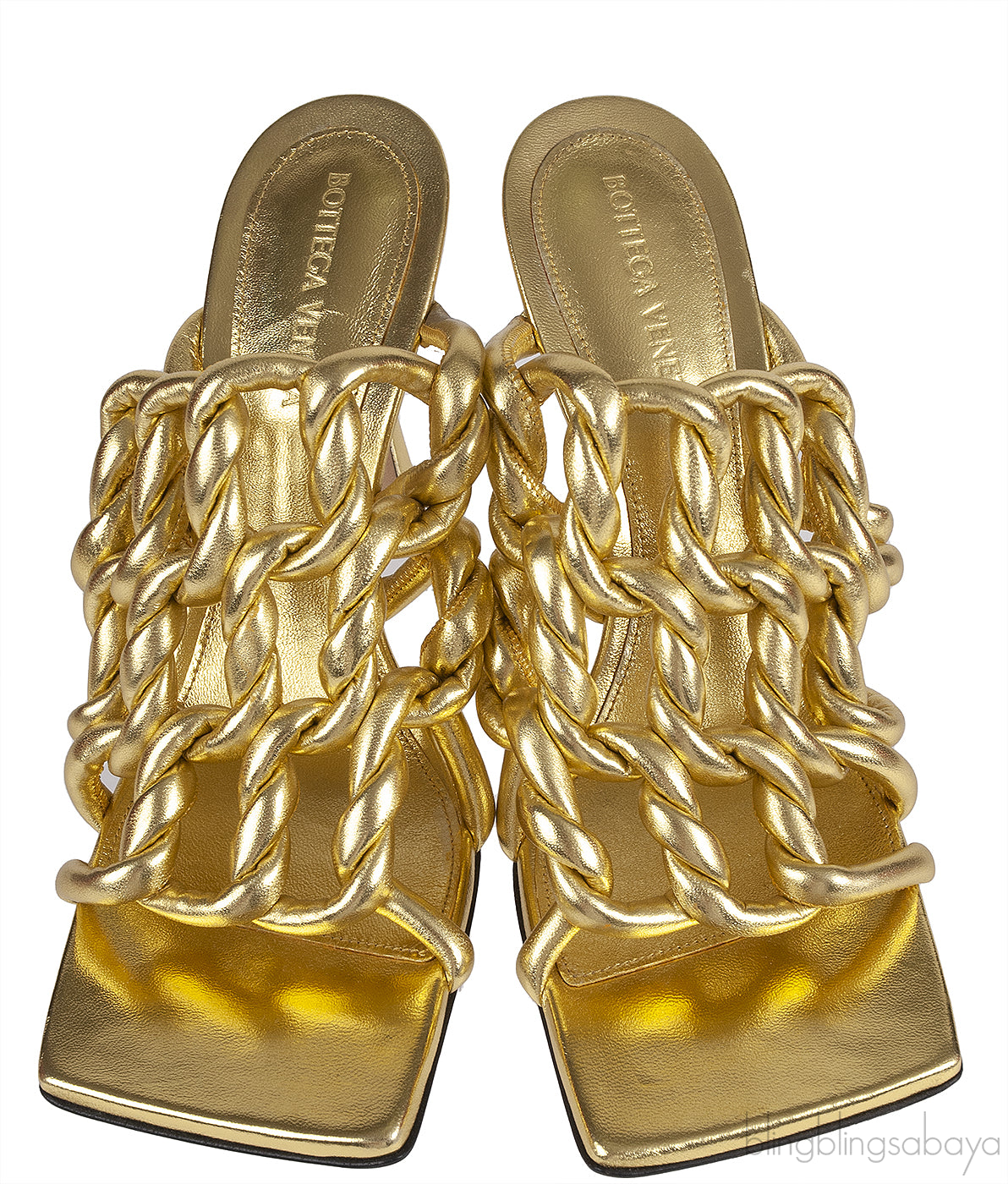 Bottega Veneta Metallic Gold Reflection Weave Square Toe Sandals