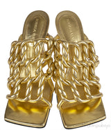 Bottega Veneta Metallic Gold Reflection Weave Square Toe Sandals