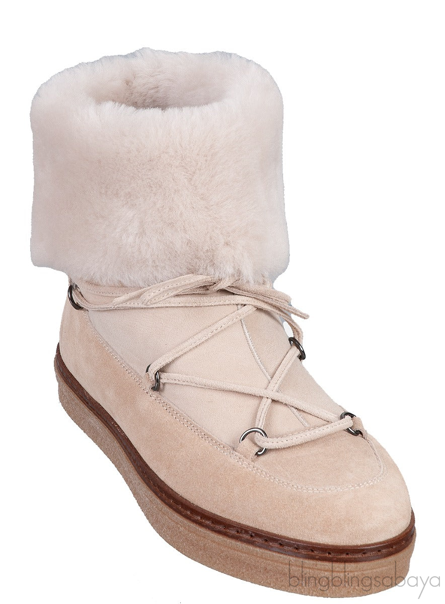 Beige Suede Fur Trim Flat Boots