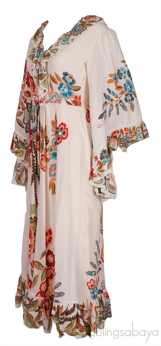 Flared Wide Sleeves Ruffle Trim Maxi Dress