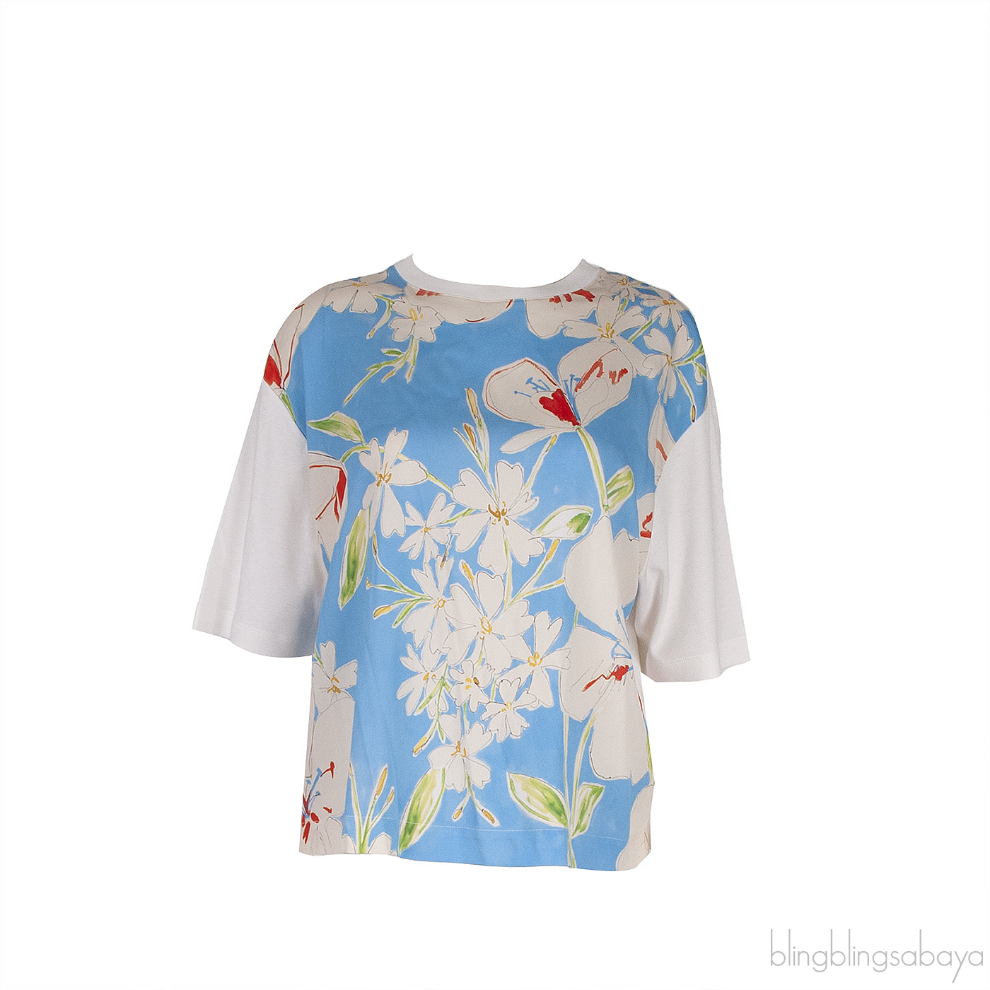 Light Blue Floral White Printed T-shirt