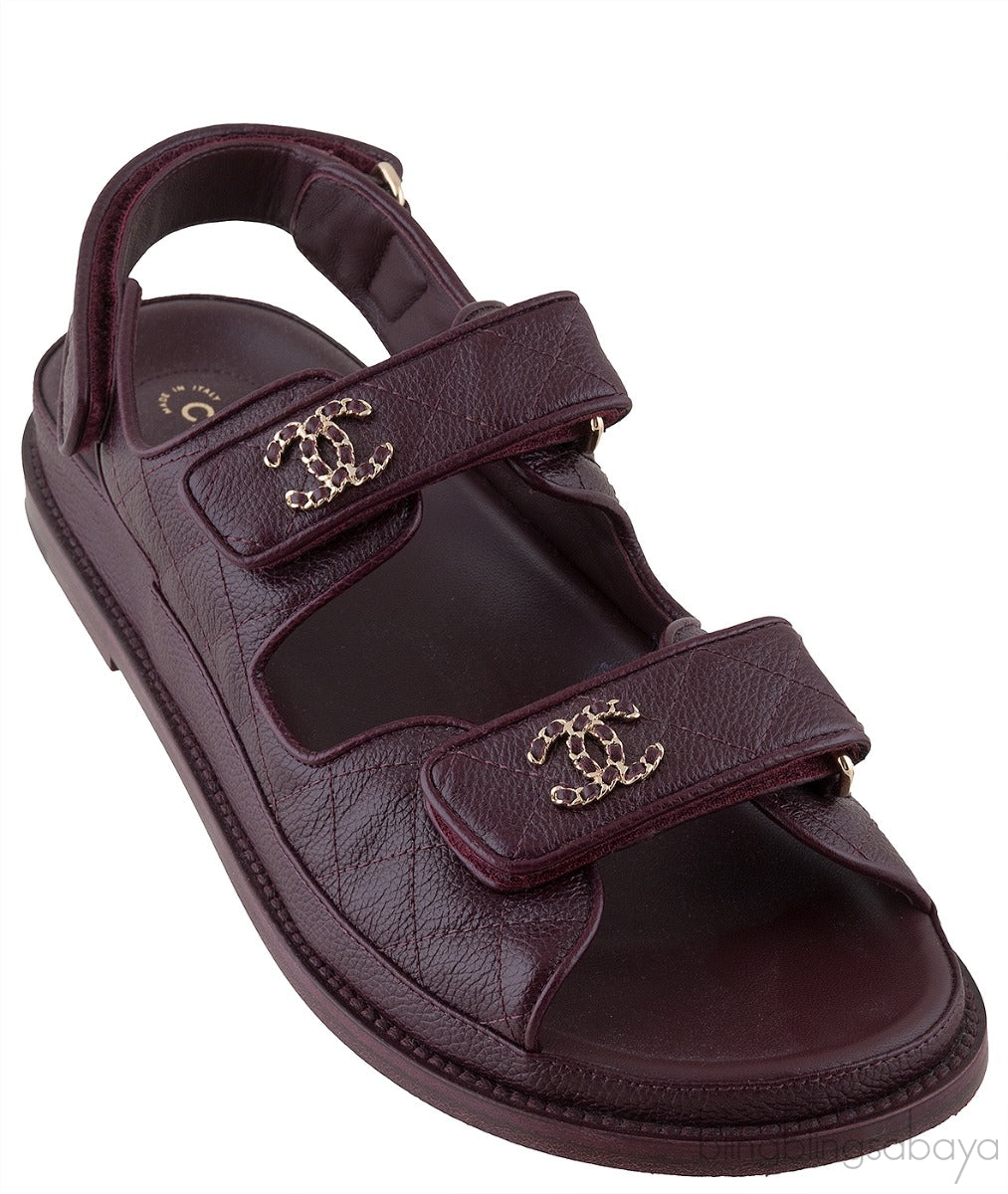 Burgundy Quilted Leather CC Velcro Sandals