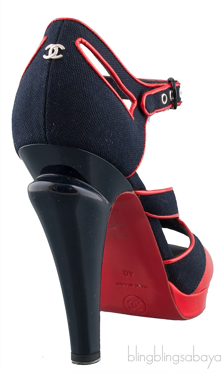 Blue Red Trim Leather Heels