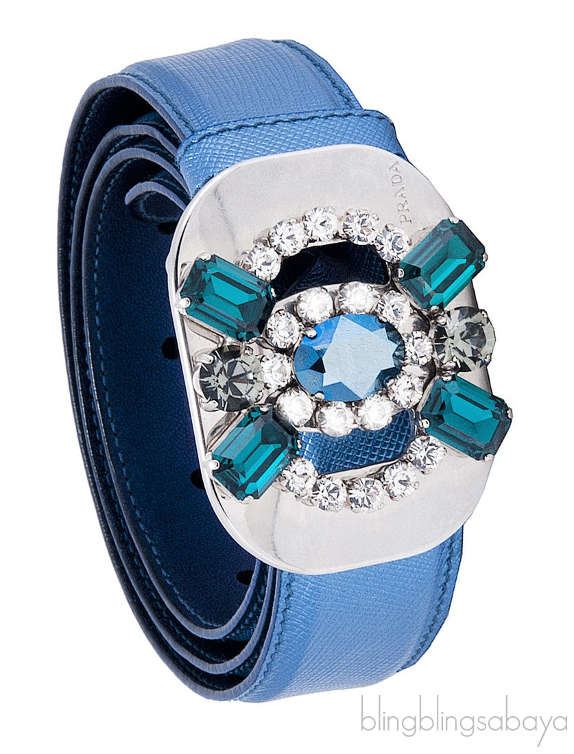 Blue Saffiano Jeweled Buckle Belt*
