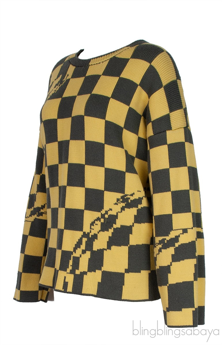 Yellow & Grey Check Knitted  Sweatshirt