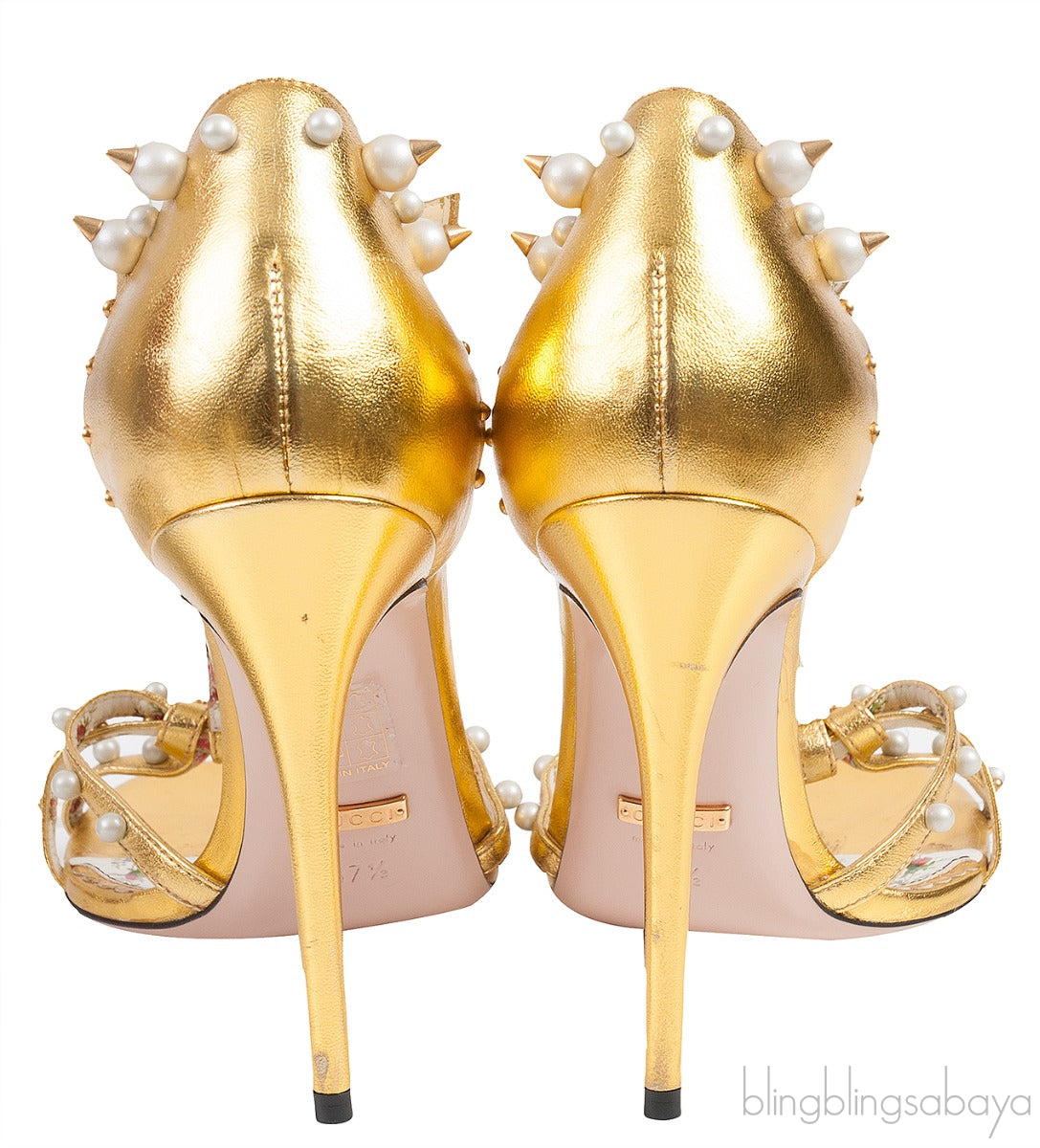 Gold Leather Pearl Trim Sandals