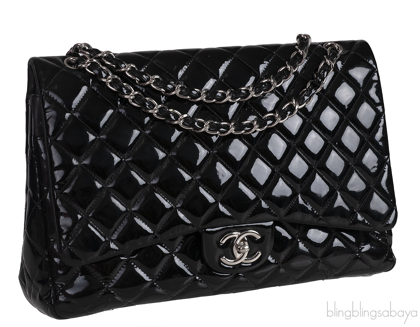Black Patent Maxi Double Flap Quilted Bag