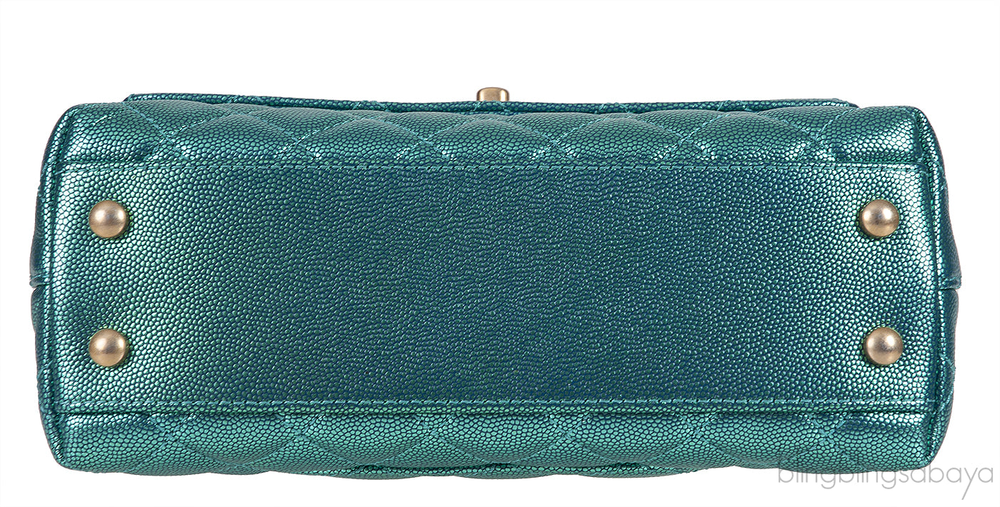 Metallic Green Quilted Caviar Leather Small Coco Top Handle Bag