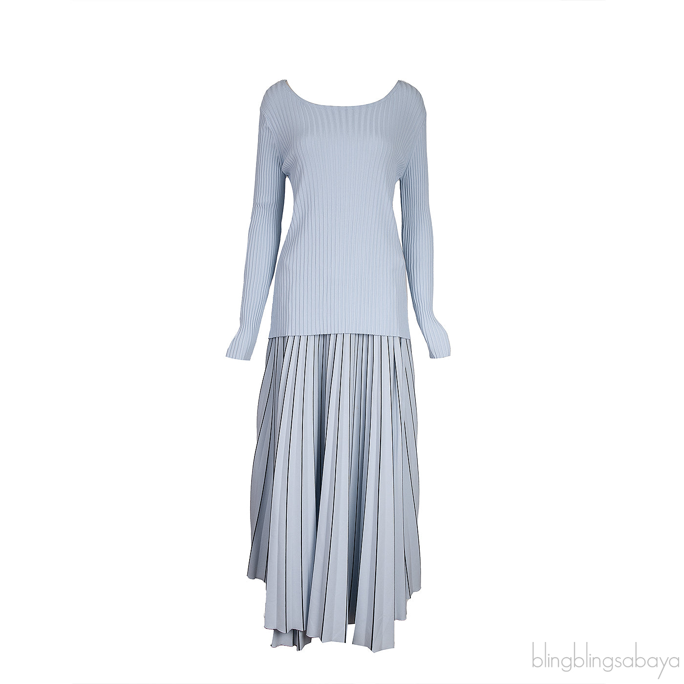 Light Blue Knitted Top & Pleated Wrap Skirt