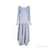 Light Blue Knitted Top & Pleated Wrap Skirt