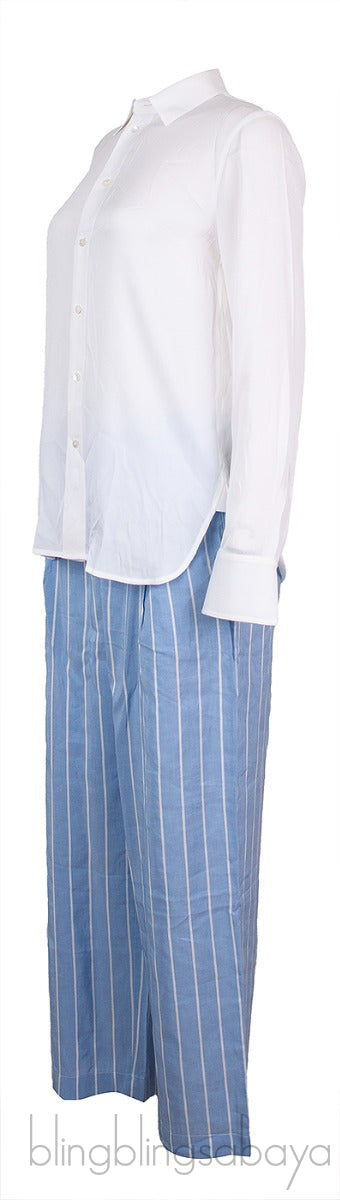 White Shirt & High Waist Stripe Wide Leg Trouser