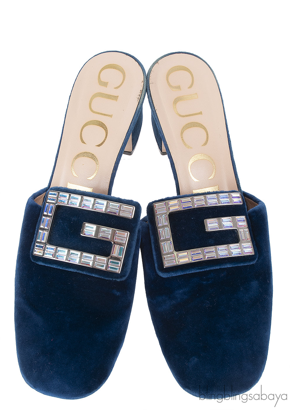 Gucci Blue Velvet G Crystal Madelyn Mules
