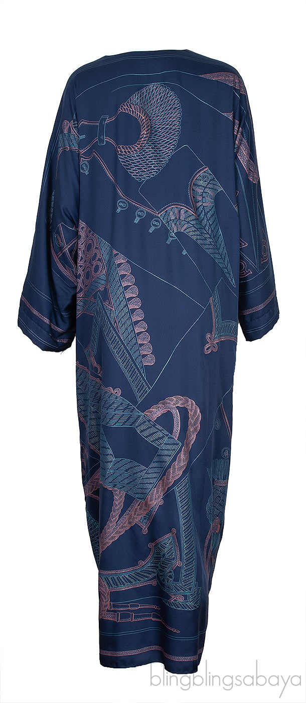 Silk Blue Printed Horsebit Kaftan Dress