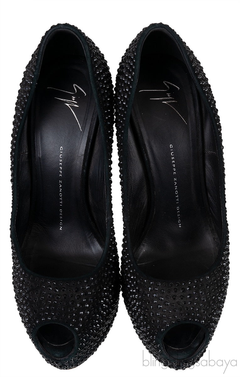 Black Crystal Embellished Peep Toe Heels