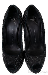 Black Crystal Embellished Peep Toe Heels