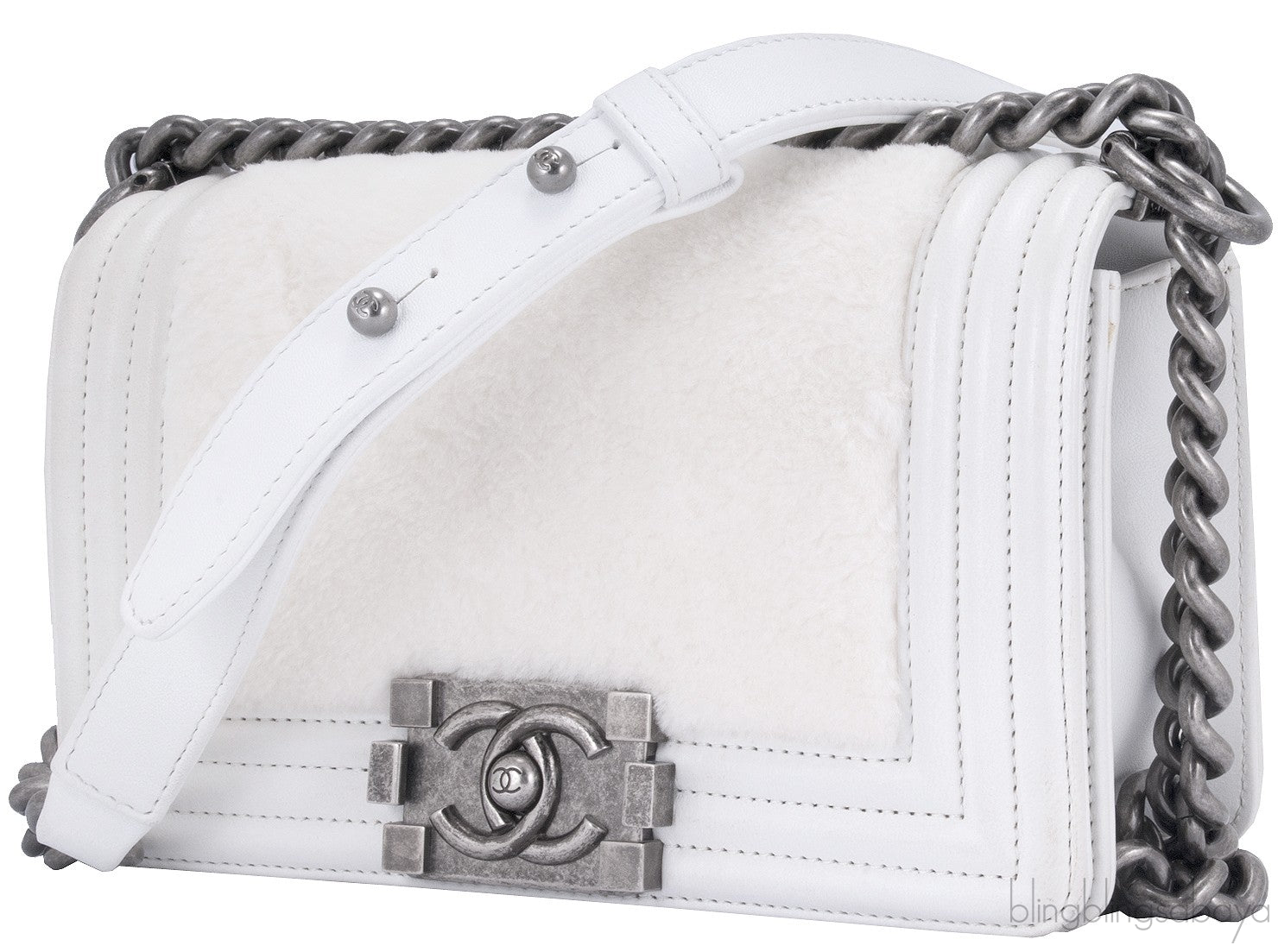 Small Le Boy White Fur Flap Bag