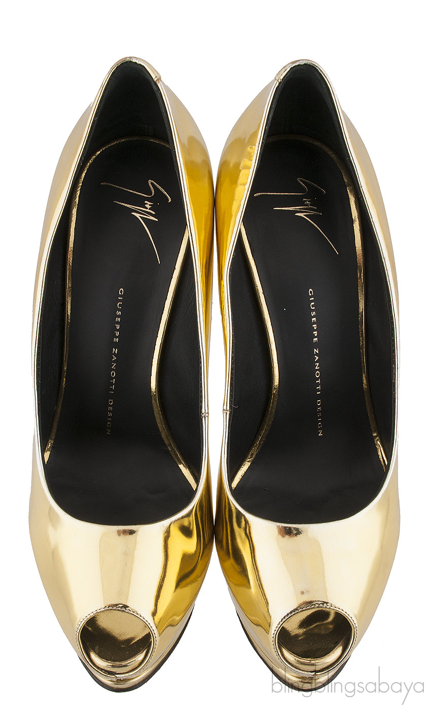 Gold Patent Peep Toe Pump