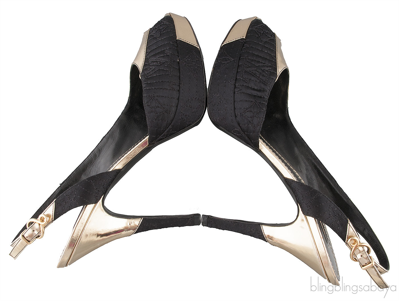 Gold Leather Black Fabric Slingback