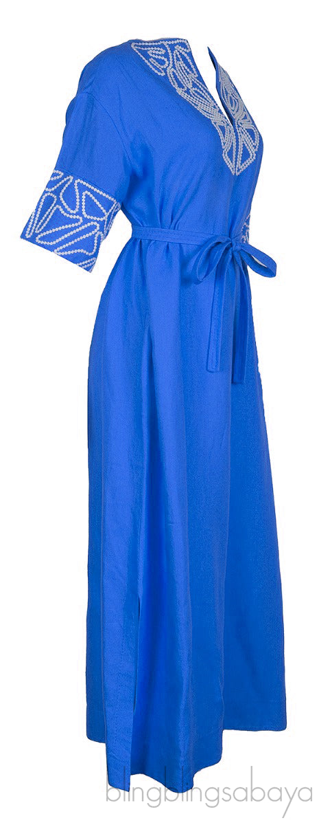 Blue Linen Embroidered Kaftan Dress