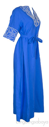 Blue Linen Embroidered Kaftan Dress