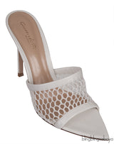 White Leather Trimmed Fishnet Mules