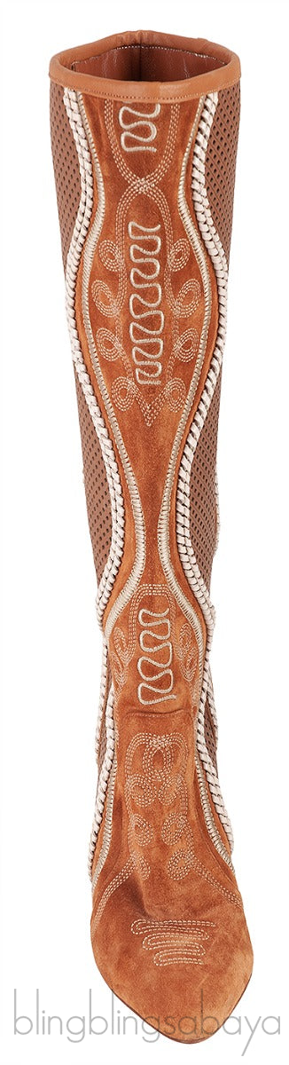 Brown Perforated Texan Knee High Boots