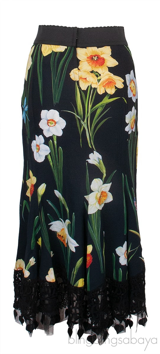 Black Floral Lace Print Lace Trim Skirt