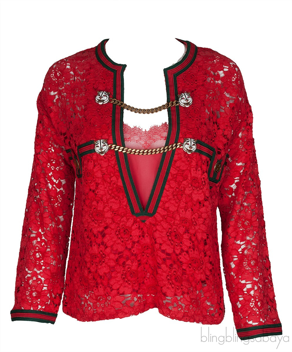 Red Floral Lace Chain Tiger Blouse