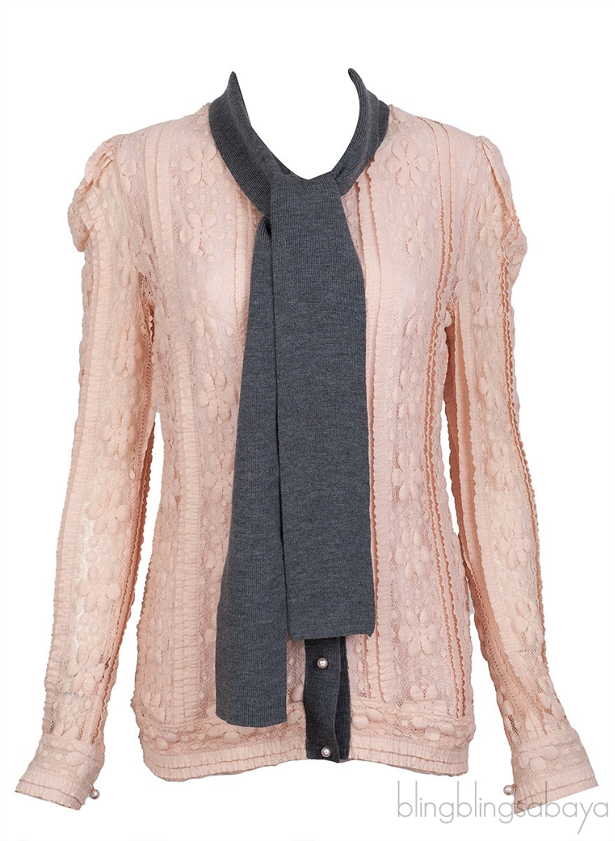Flesh Lace Knit Self-tie Long Sleeve Blouse