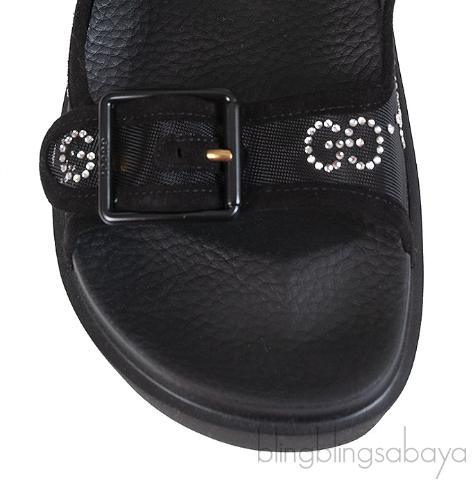 Gucci Black Crystal Embellished Monogram Pattern Sandals